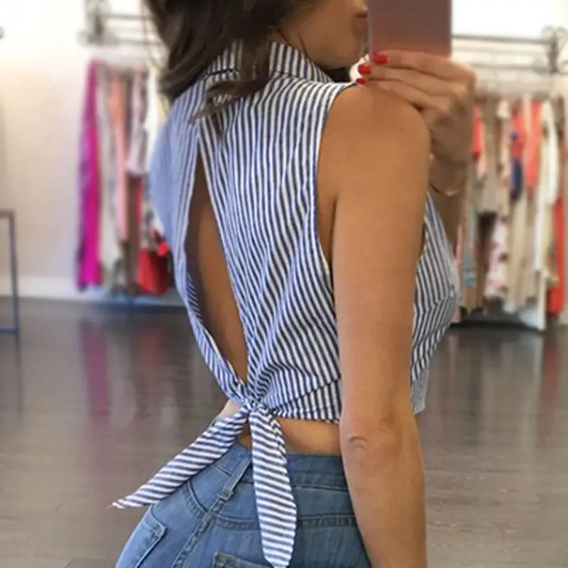 

Sexy Womens Striped Sleeveless Short Blouse Casual Lady Hollow Out Bow Tie Tops Shirt Blouse