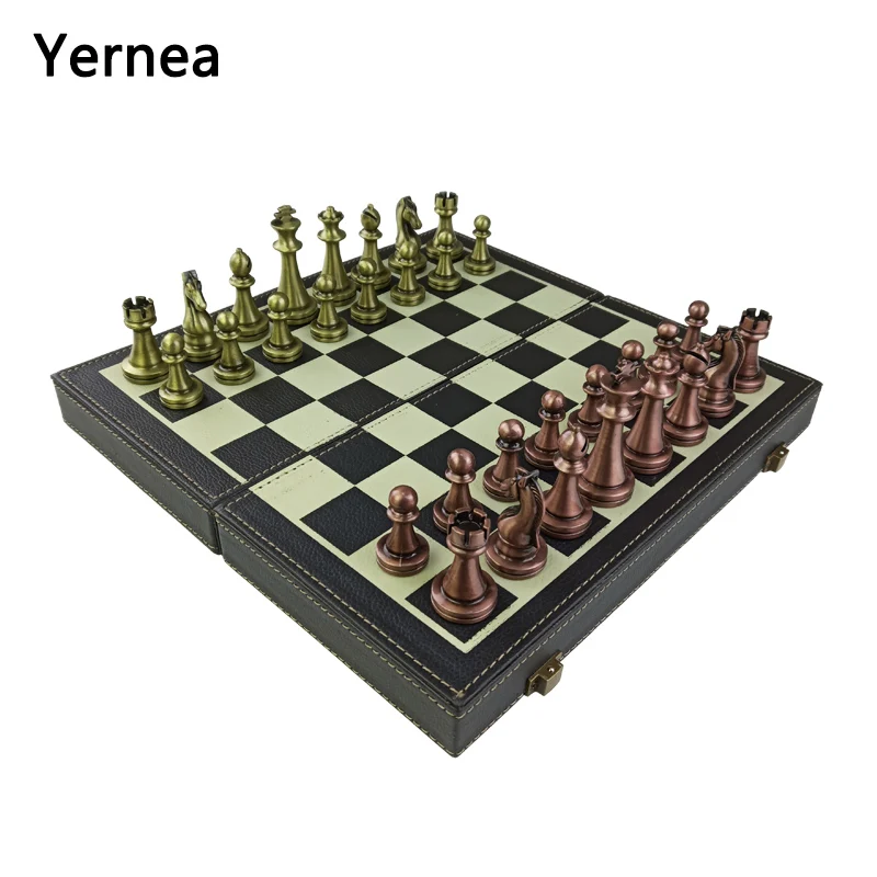 Yernea Folding Chess Games Set Metal Chess pieces Solid Wood Chessboard Mounted Synthetic Leather High-quality Table Games