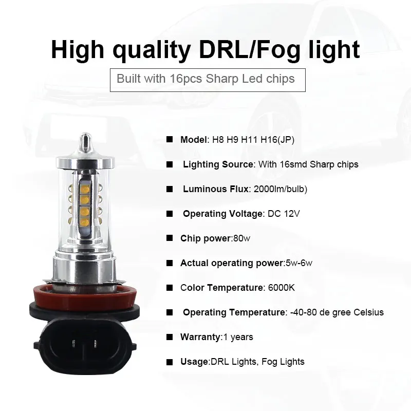 2x Canbus H8 H11 светодиодные лампы HB4 Led HB3 9006 9005 Противотуманные фары 2000LM 6000 K дневные ходовые огни 12 V Белый DRL Противотуманные Автомобильные светодиодные лампы для автомобильных фар