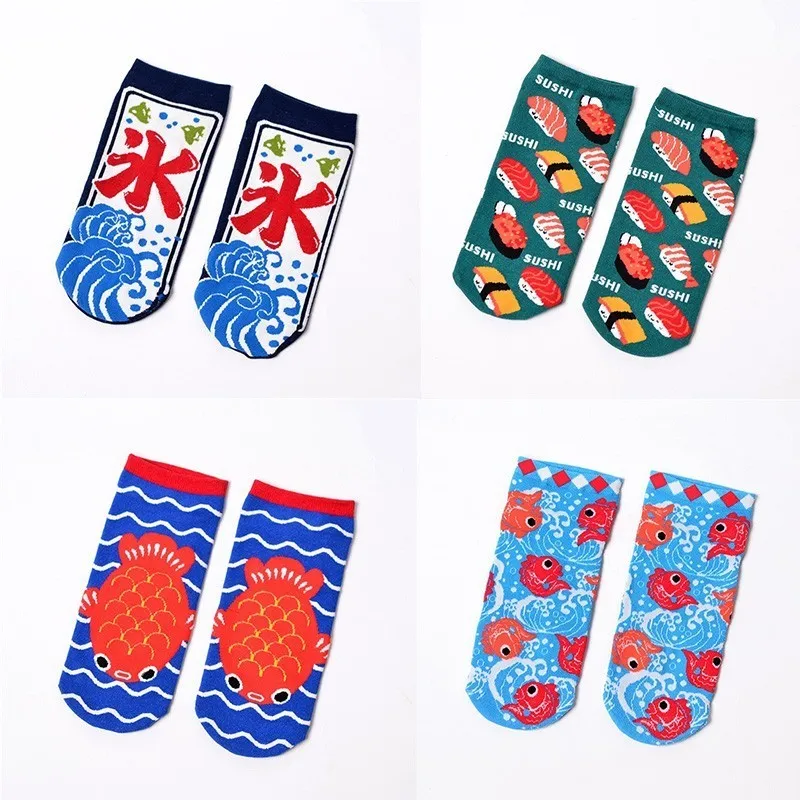 3 CHAOZHU/4 пары летних милых носков в японском стиле, kawai lucky cat, суши, Золотая рыбка, забавные короткие носки с рисунками из мультфильмов, женские летние носки - Цвет: 3