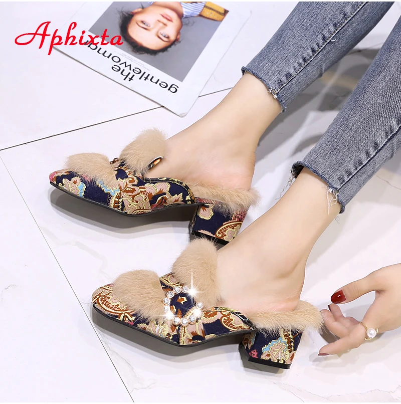 Aphixta Real Rabbit Hair Slippers Women Shoes Luxury Real Fur Square Heel Lady Warm Mujer Indoor Slides Plus Big Size 34-44