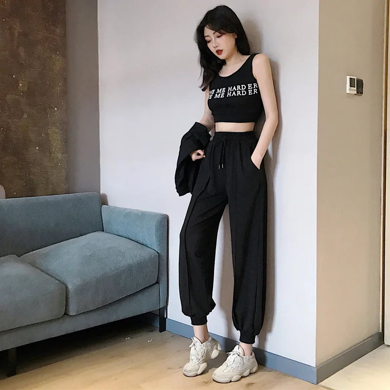 

3PCS Women's Clothing Spring fall sweatsuit Print crop top vest O-neck Batwing Sleeve tops+loose pants New Women's Sets harajuku
