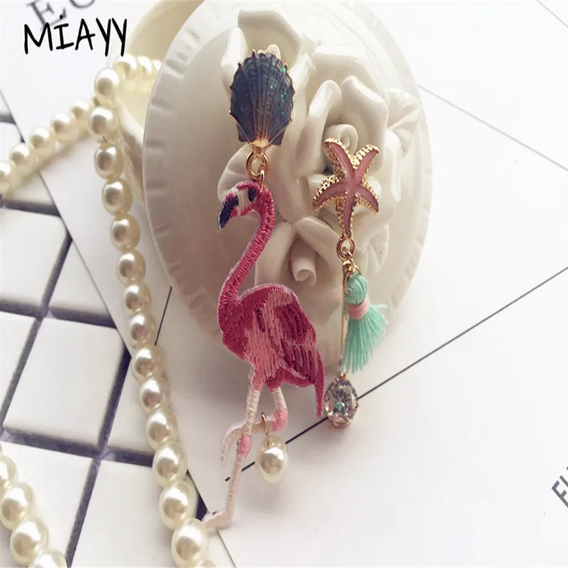 Fashion Tassel Flamingo Earring For Women Shell Pearl Star Handmade Asymmetric Statement Bohemia Jewelry Holiday | Украшения и