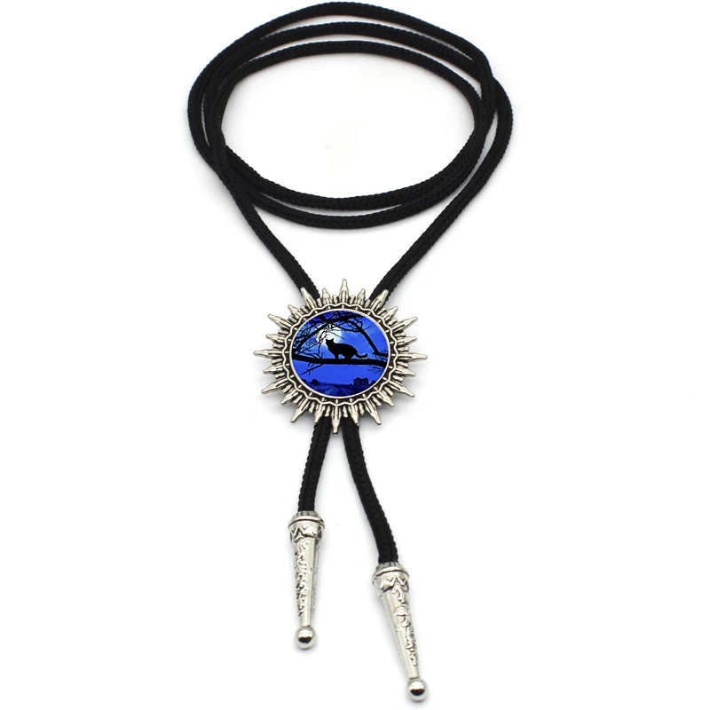 BOLO-0047 New Arrival Night Sky Under Black Cat Vintage Bolo Tie Steampunk Glass Dome Cats a Full Moon Ties | Украшения и