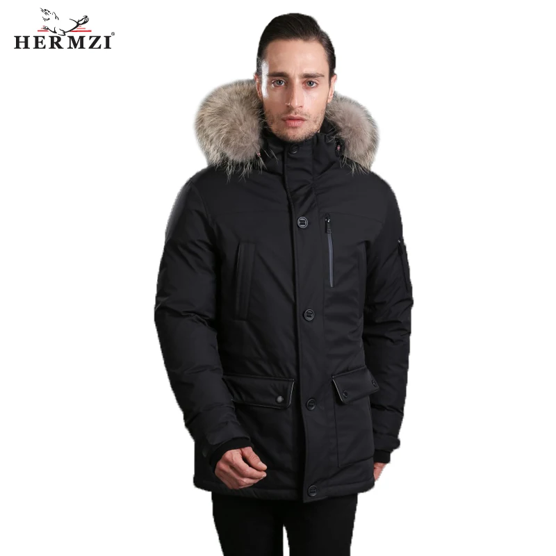 

HERMZI 2020 Down Jacket Men Winter Parka Hombre Winter Down Coat Thick Mens Parkas Black 80% Duck Down Raccoon Fur Outerwear