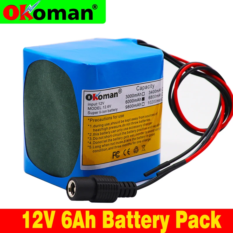 Okoman аккумулятор большой емкости 12V 6000mAh 18650 литий ионный 6Ah DC12.6V портативный