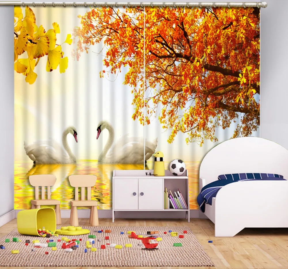 Декоративные занавески на заказ светонепроницаемые шторы с изображением лебедя