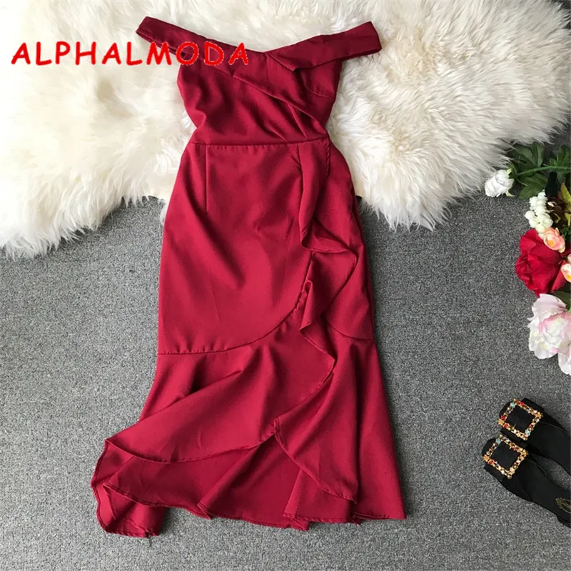 ALPHALMODA 2019 Лето Для женщин Slash шеи с оборками Vestidos Твердые Цвет Разделение Раффлед