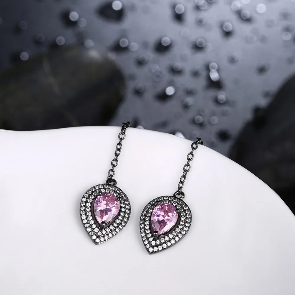 Hiyong моде длинные цепочки серьги розовый cz довольно Teardrop Камень микро проложить
