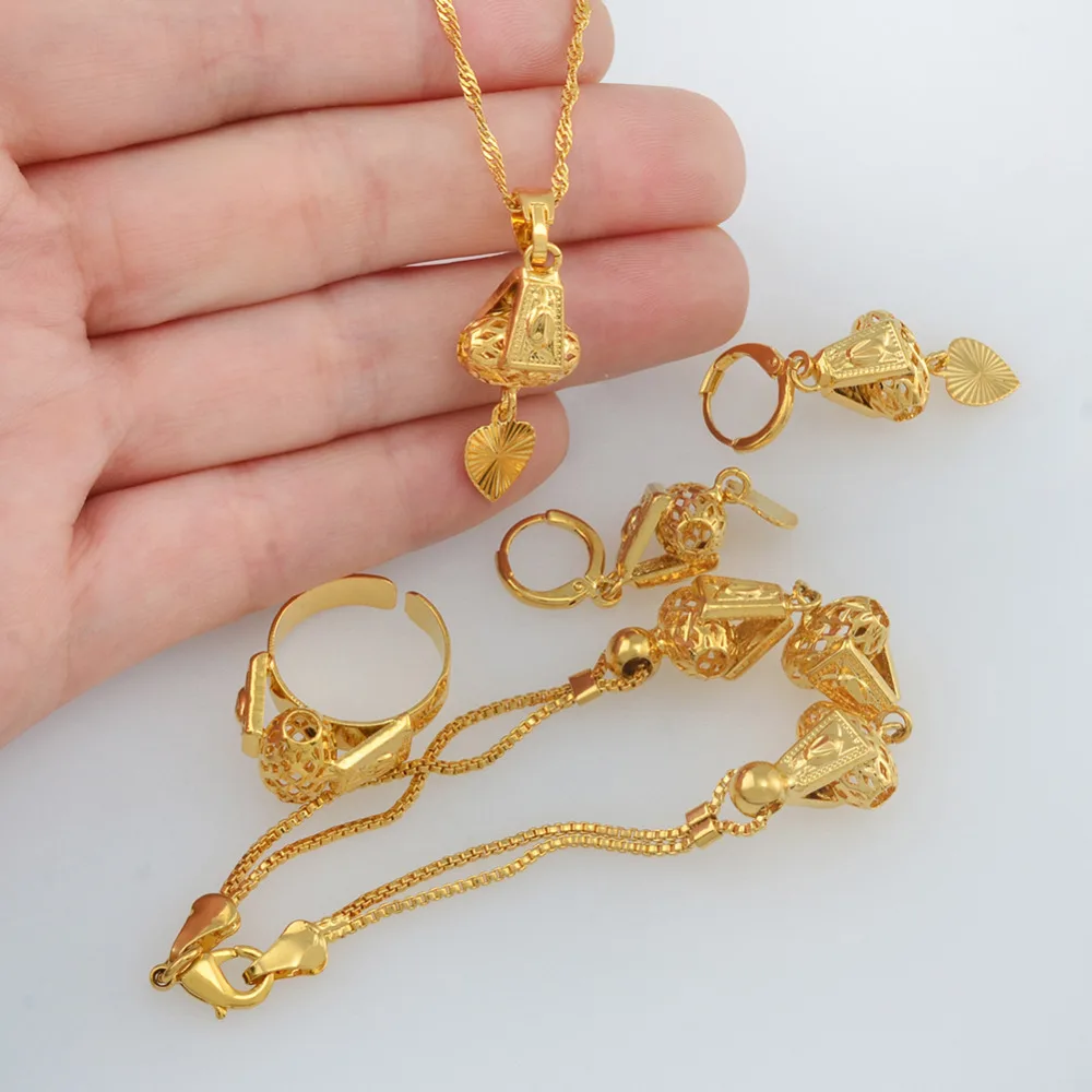 Anniyo Heart Jewelry set Necklace &amp Pendant Bracelet Earrings Ring Gold Color Chain Women Romantic Gift African Arab #053806 | Украшения