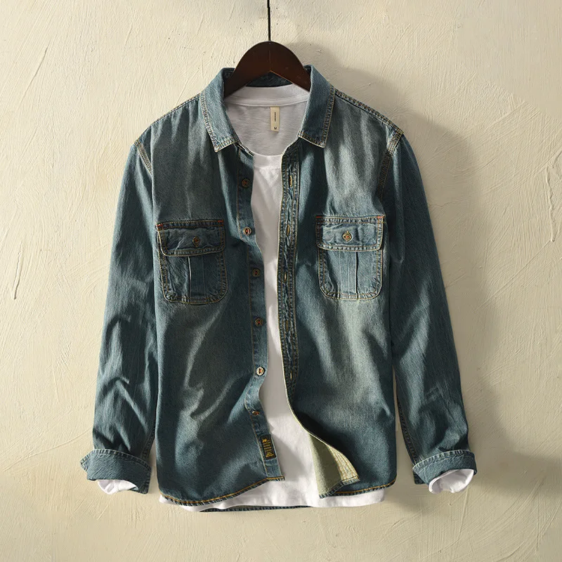 Модная мужская джинсовая рубашка с длинными рукавами осенняя повседневный Топ |