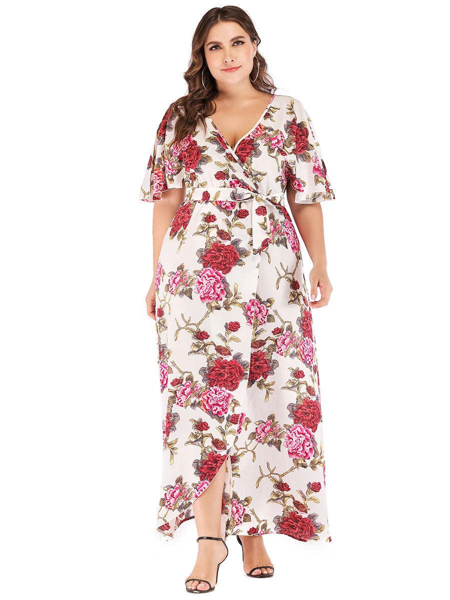 Платья с коротким рукавом платья сарафаны размер XL ~ 6XL женские v-образным вырезом