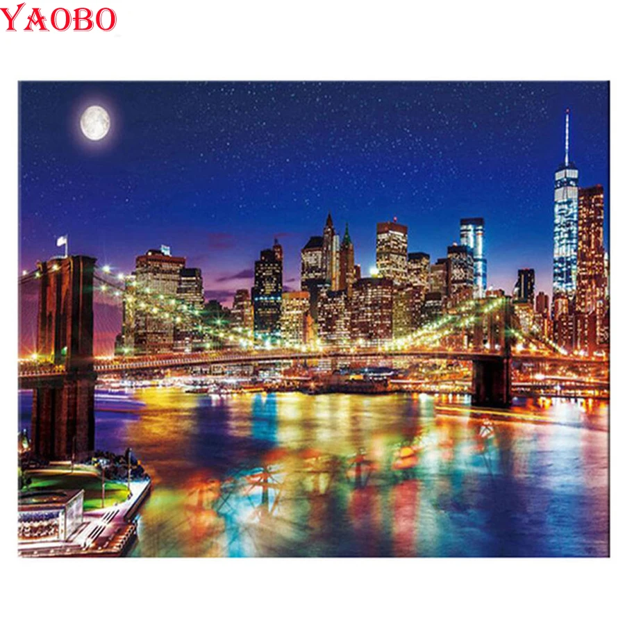 Полностью квадратная круглая Алмазная вышивка Нью Йоркский ночной мост 5d Diy