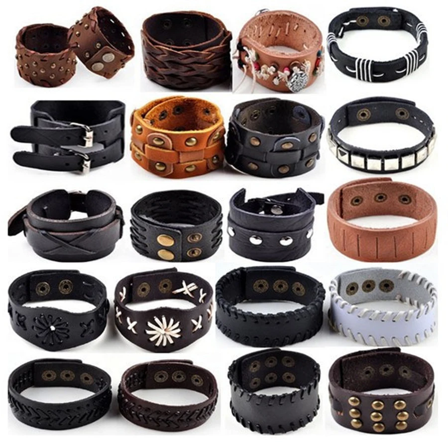 

1PC Punk Hemp Braid Surfer Rivet Wide Buckle Leather Bracelet Wristband Cuff Bangle Men Women Jewelry Gift Drop Ship