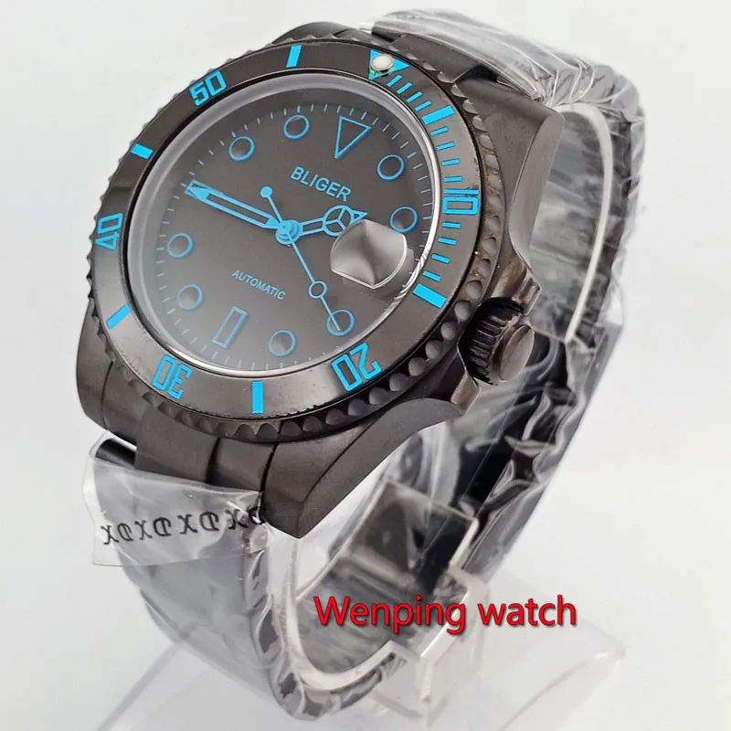 40mm BLIGER NEW PVD black Ceramic Bezel with red blue orange sapphire glass dial automatic Date MEN WRIST WATCHES W2728 | Наручные часы