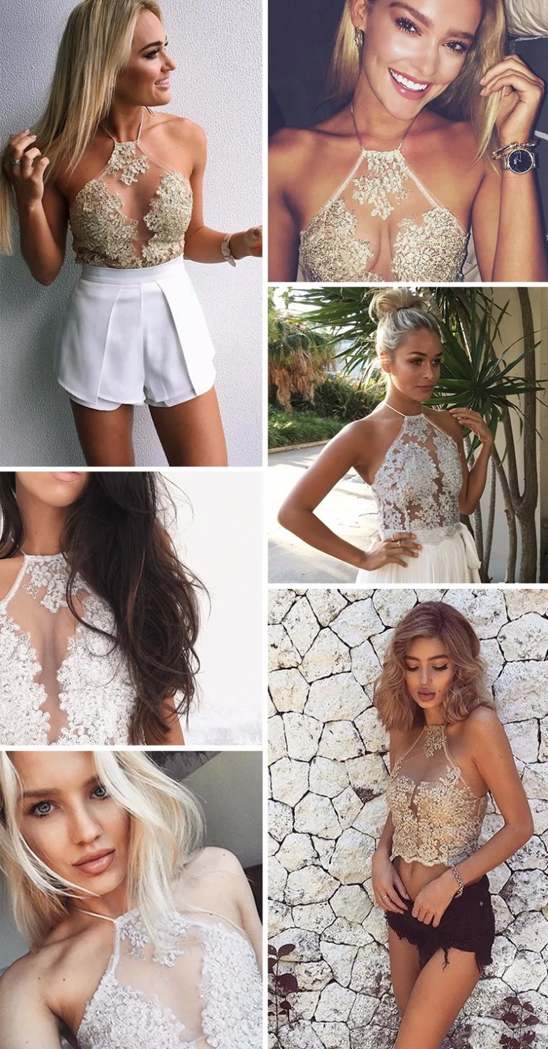 2017 Sexy white party gauze metallic Elegant lace crop top Summer beach backless short halter women tank camis | Женская одежда