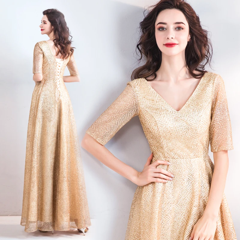 SSYFashion новый простой вечернее платье Champagne Gold Половина рукавами v-образным вырезом