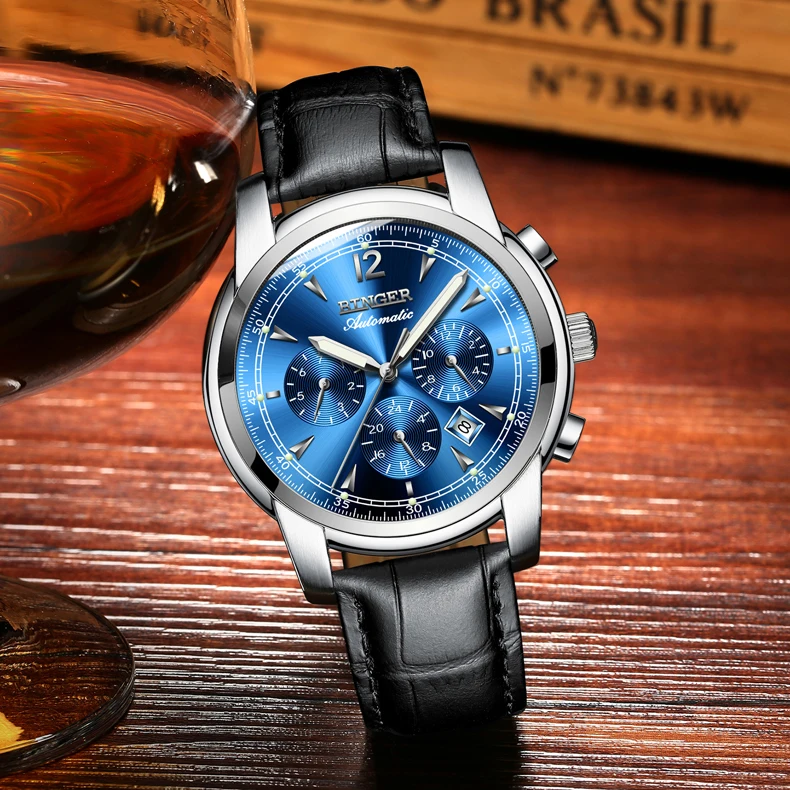 Montre homme Switzerland BINGER модные автоматические часы для мужчин 24 часы с календарем неделя Сапфир Водонепроницаемый светящийся Horloges mannen