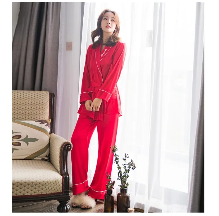 Red Японские пижамы для женщин Ice Silk Satin Домашняя одежда весна осень однотонная Пижама комплект Женский Пижамный костюм с длинным рукавом 2 шт. MA50132 - Цвет: Red