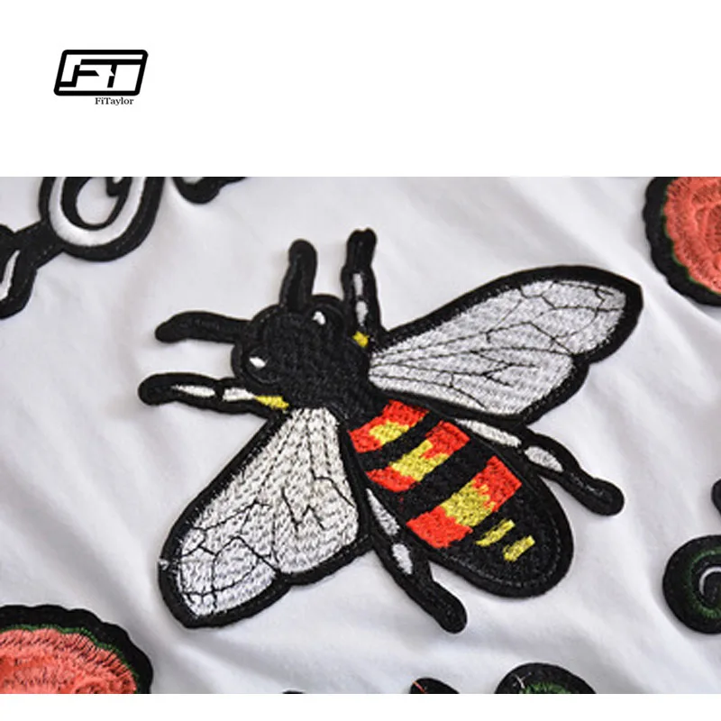 Ftlzz 2017 Summer T-shirt Women Plus Size Femme K-pop White Casual Embroidery Bee Flower Short Sleeved Pure Cotton |