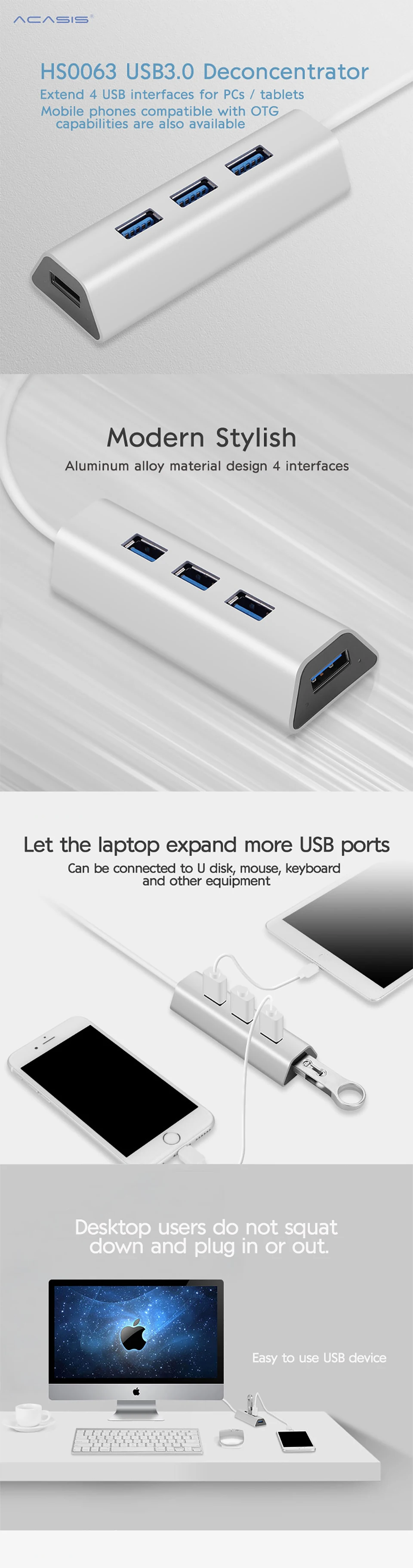 Acasis usb-хаб 3,0 4 порта Мульти USB 3,0 концентратор алюминиевый концентратор USB 3,0 с адаптером питания USB разветвитель для ПК Компьютерные аксессуары#25
