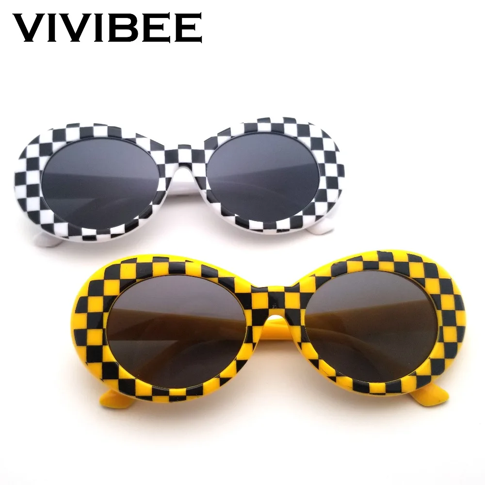 VIVIBEE Plaid Sun Glasses Small Yellow Brand Vintage Style Oval Clout 2023 Hip Hop Women Sunglasses Femal Shades