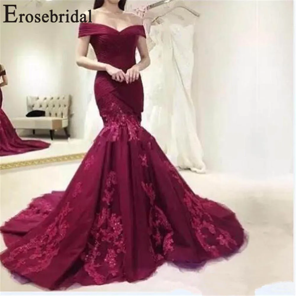 Erosebridal бордовый вечернее платье Русалка с открытыми плечами кружево тюль длинное