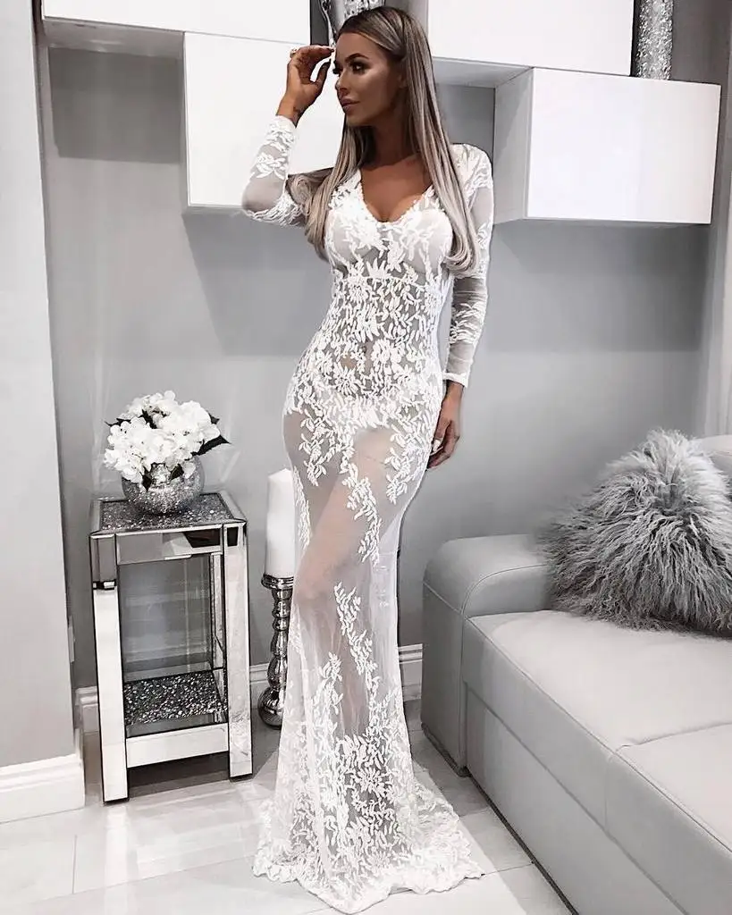 Women See Through Floral V Neck Lace Long Dress Sexy Evening Party Vestidos | Свадьбы и торжества