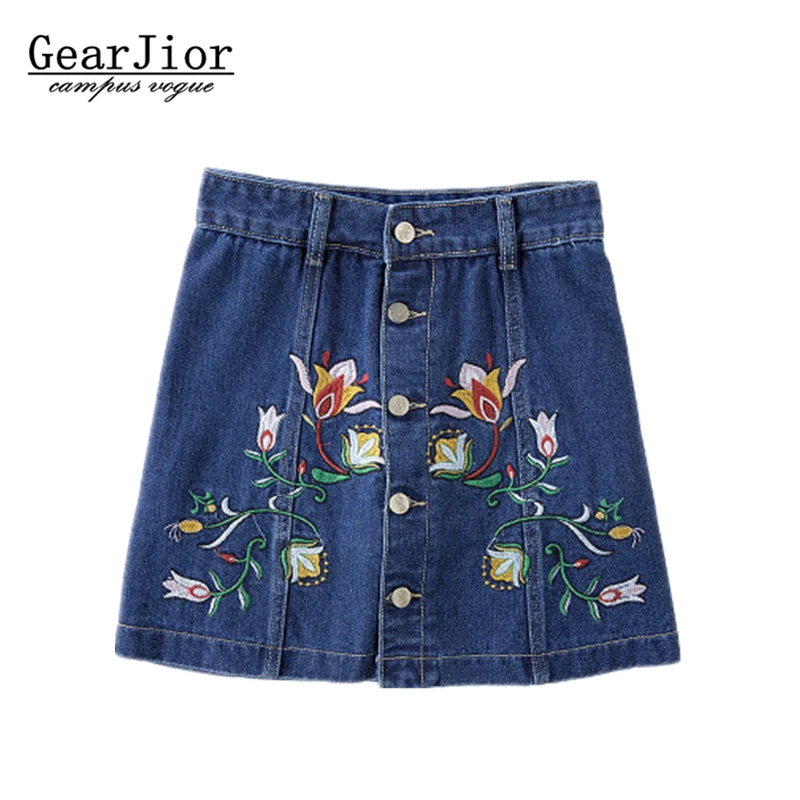 2017 new women's summer single-breasted denim skirts Flowers embroidery woman high waist A line skirt S-3XL | Женская одежда