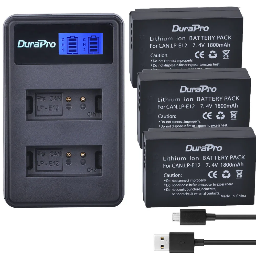 3 x батарейка для камеры DuraPro LP-E12 LPE12 LP E12 батарея Аккумулятор Акку+ ЖК USB зарядное устройство для Canon M 100D Kiss X7 Rebel SL1 EOS M1