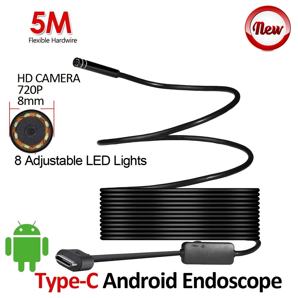 HD720P 8 мм диаметр 5 м typec Android USB эндоскопа Камера Гибкая Змея проводных