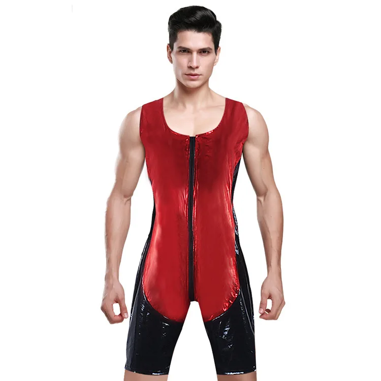 Пикантные Для мужчин полный боди ПВХ блестящий из искусственной кожи облегающий