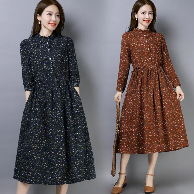 Spring Plus Size A-line Dress 2019 New Women Cotton Linen Casual Floral Printed Dresses Long Sleeved Slim Vintage Vestidos | Женская