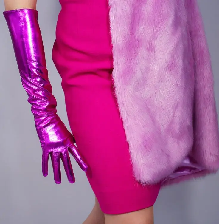 

Women's shiny purple color faux pu leather long gloves female sexy club party dress fashion long glove 50cm R1573