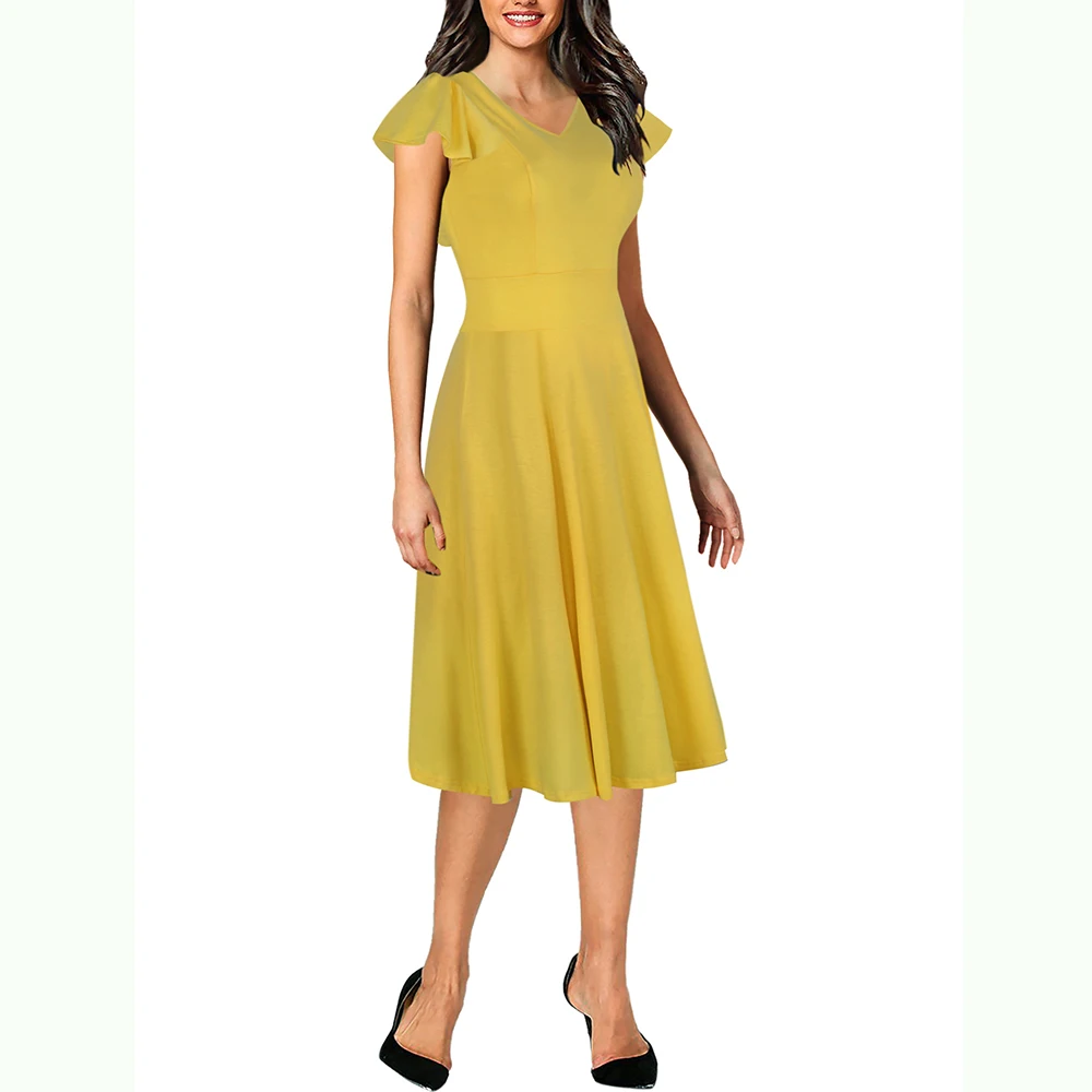 Berydress V Neck Butterfly Sleeve Fit and Flare Women Dress Empire Waist Green Midi Vestidos Casual Yellow Summer Dresses 2018 | Женская
