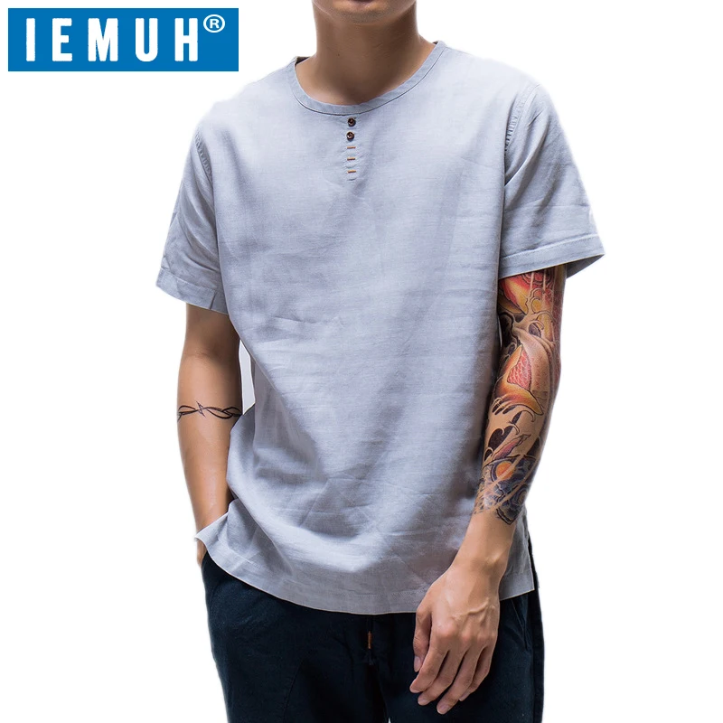 IEMUH Men T-shirt Short Sleeves Cotton Linen Male Fashion T Shirts Loose Thin Chinese style | Мужская одежда
