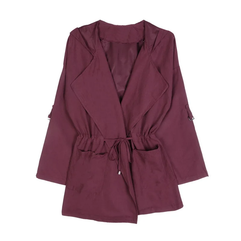 wine red Женское винтажное длинное пальто для бега размера плюс 5XL, осень, розовые ветровки с капюшоном и карманами, женское облегающее пальто для фитнеса с v-образным вырезом - Цвет: wine red