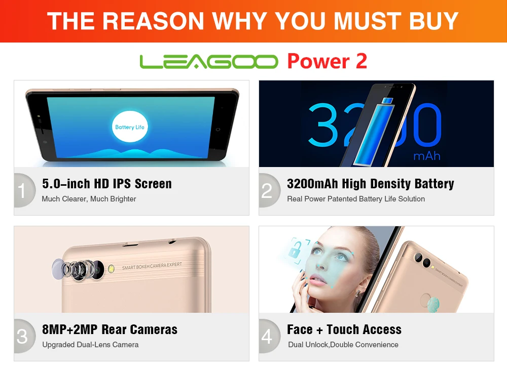 Мобильный телефон LEAGOO POWER 2, Android 8,1, 5,0 дюйма, HD ips, 2 Гб ОЗУ, 16 Гб ПЗУ, четырехъядерный процессор MT6580A, двойная камера, сканер отпечатков пальцев, ID, 3g, смартфон