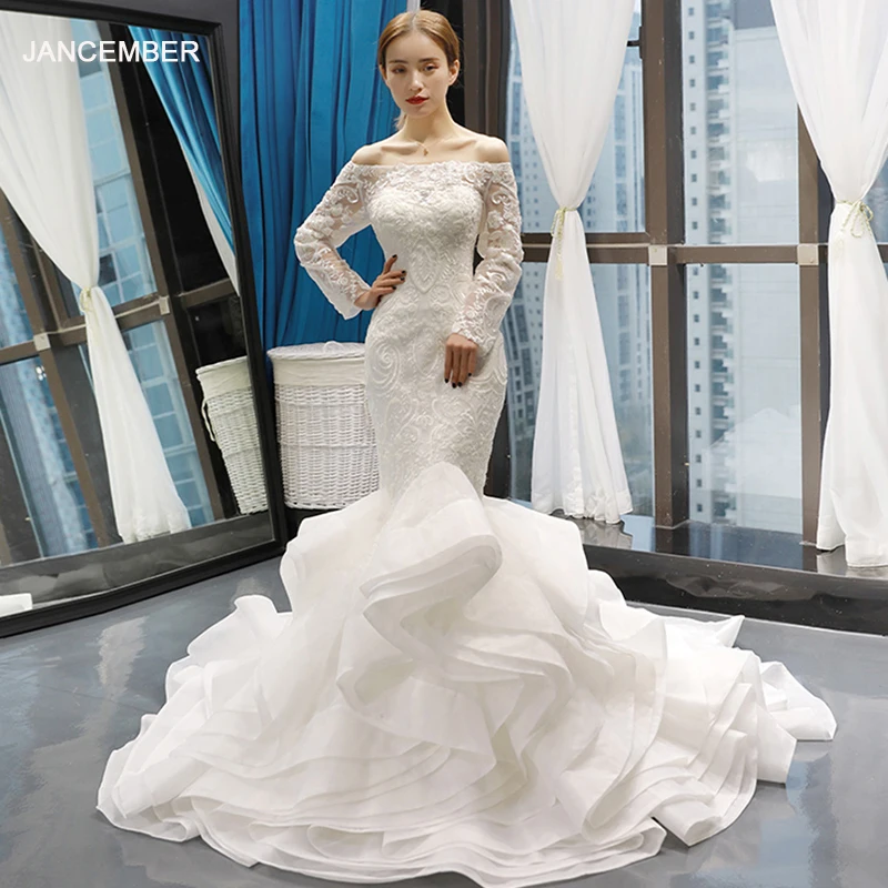 J66734 jancember mermaid wedding dress ruffle style off shoulder long sleeves trumpet bridal 2019 vestido de novia sirena | Свадьбы и