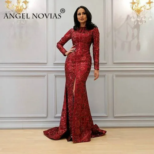 Красный ANGEL NOVIAS с длинным рукавом Русалочка мусульманское элегантное бордовое кружевное Abendkleider арабское элегантное вечернее платье с разрезом - Цвет: Красный