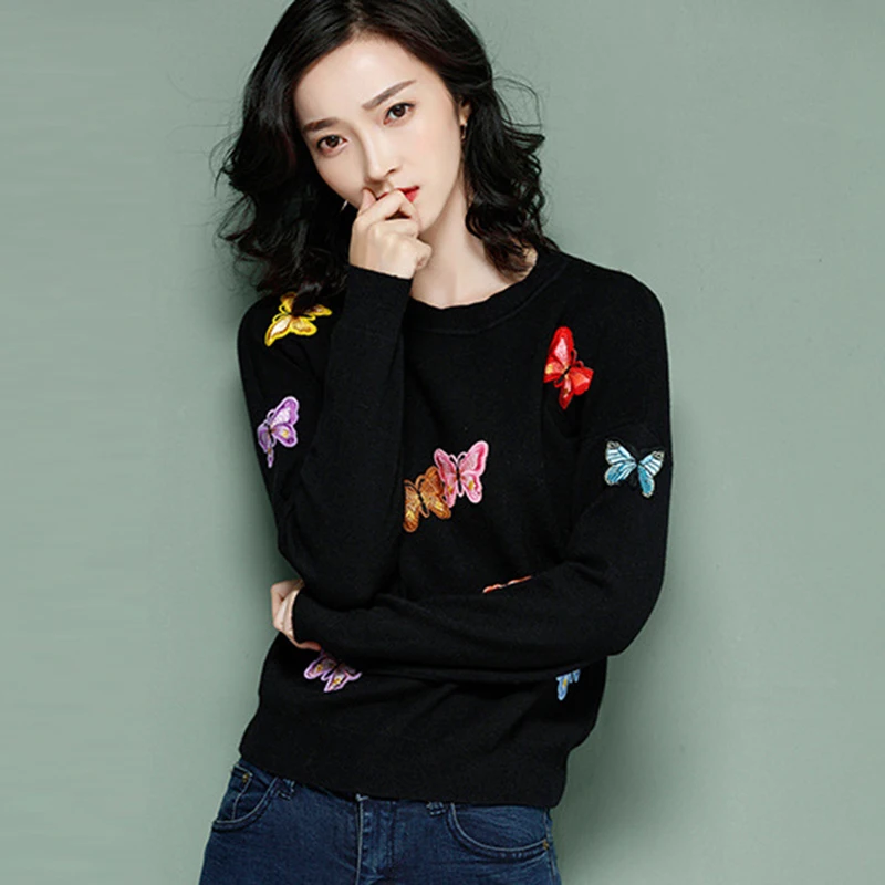 Korean Women Knitted Embroidered Pullover Sweater Women's Butterfly Flower Femme Tricot Pull Autumn sweater fem | Женская одежда