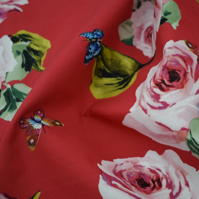 

2021 reactive dyeing red bottom roses butterflies baby cotton fabric for summer dress telas por metros tissu au metre vestidos