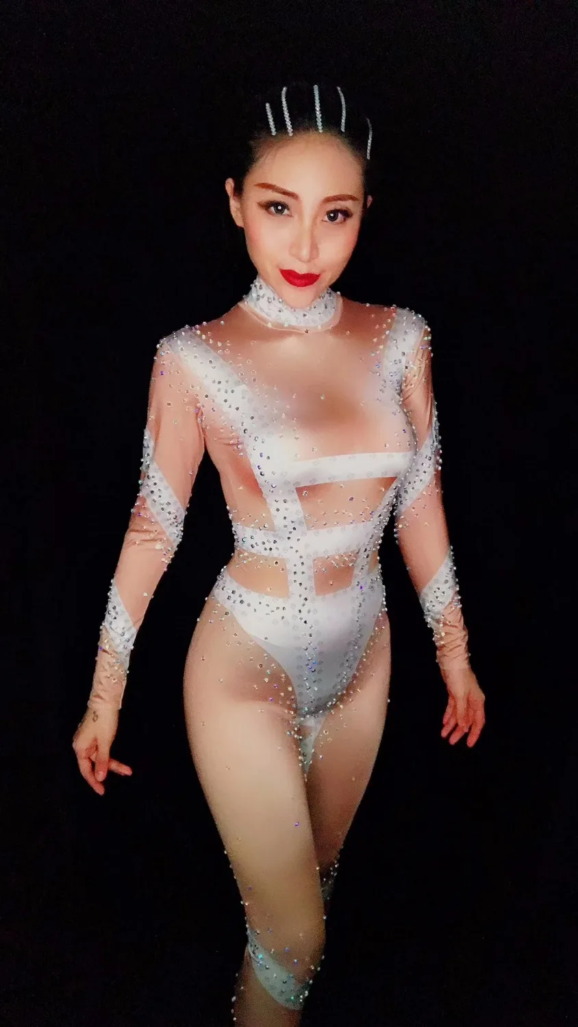 

female costume white Rhinestones sexy Jumpsuit Nude bodySuit outfit singer dancer nightclub show performance party