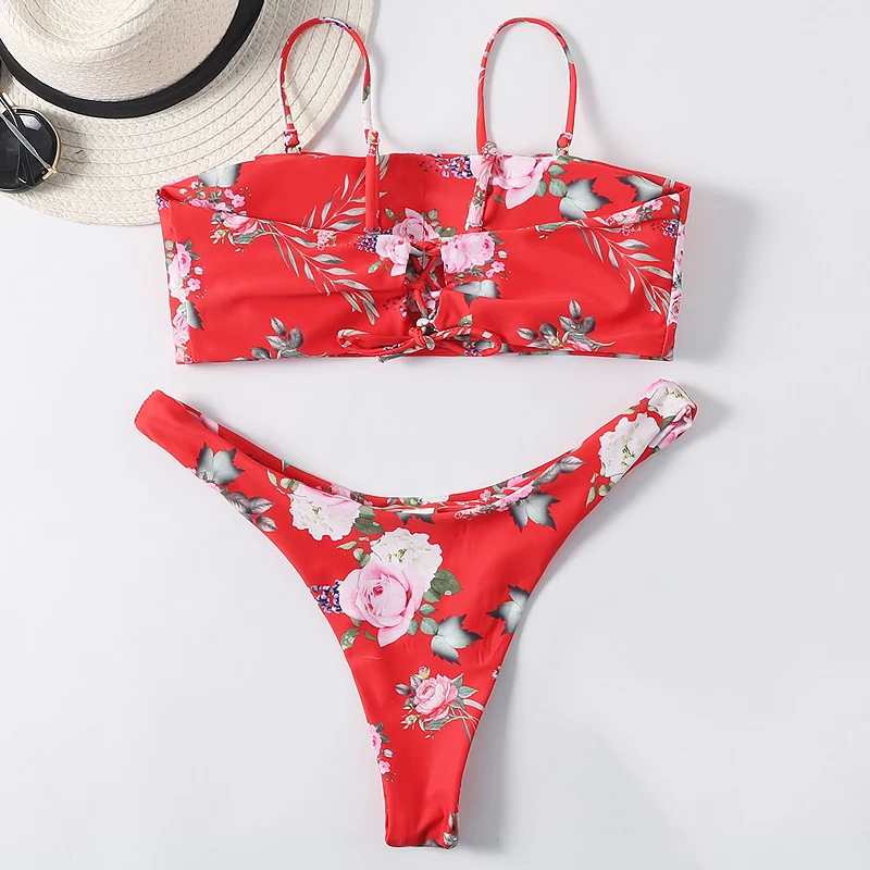 Hot Women Brazilian Bikini Print Low Waist Swimsuit Sexy Micro Bikinis Set Lace Up Top + Thong Swimwear Summer Female Beach Wear |
