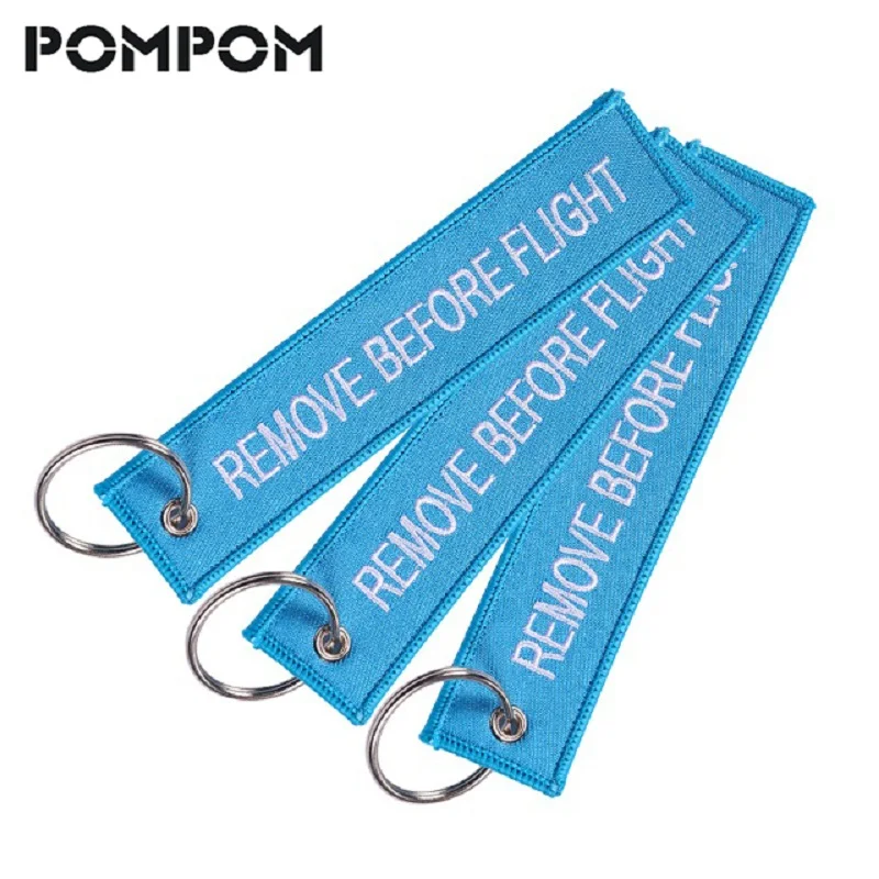 

Remove Before Flight Embroidery Key Fobs Chains Aviation Gifts Berloques Important Tag Sky Blue Jewelry OEM Key Chains Chaveiro