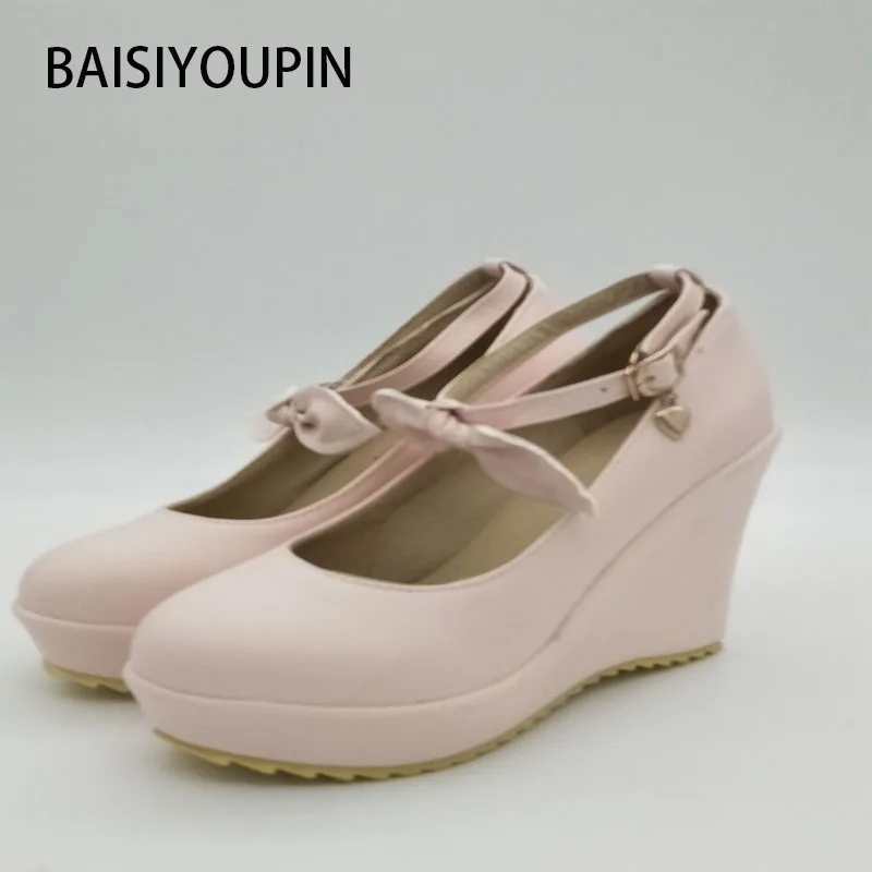 2017 г. Новая модная Милая обувь для принцессы с бантом на танкетке высоком каблуке