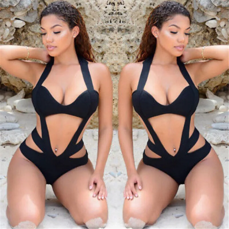 2017 сексуальный цельный купальник женский черный купальный костюм с вырезами