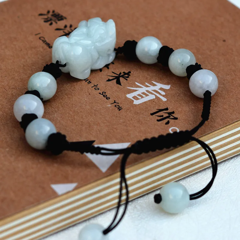 Drop Shipping AAA Natural Jadeite Bracelet Cute Handmade Weave Carved PIXIU With Round Beads Lover's Bangles Gift Jades Jewelry |
