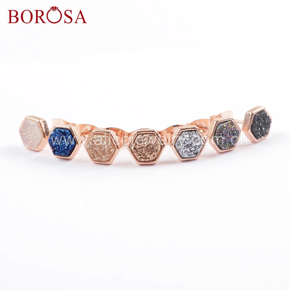 Шестигранные серьги гвоздики BOROSA цвета розового золота титановые радужные друзы