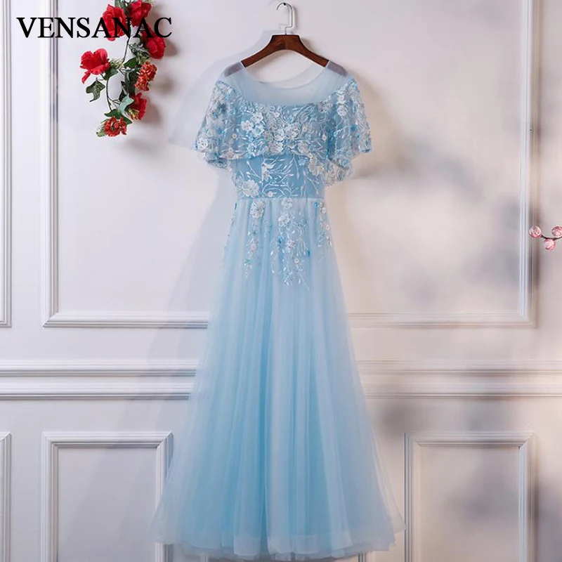 VENSANAC O Neck Flowers Embroidery A Line Long Evening Dresses 2018 Vintage Lace Appliques Party Tulle Prom Gowns | Свадьбы и